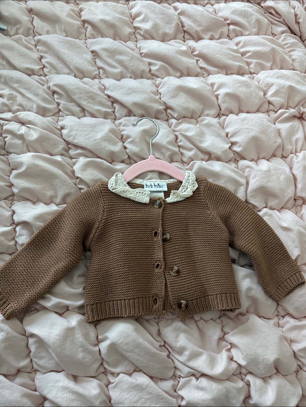 Nicole Miller Brown Knit Cardigan with Cream Lace Collar